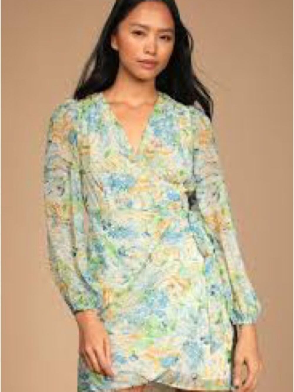 NWT Lulu’s Floral Wrap Dress Blue Yellow Long Sleeve Mini Dress Size M